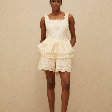 Wendy Neutrals Embroidered Top and Shorts Set Terylene Fiber Square Neck Lace Trim Peplum Waist Wide Leg Fit Scallop Hem Elasticated Waistband Size M