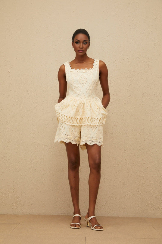 Wendy Neutrals Embroidered Top and Shorts Set Terylene Fiber Square Neck Lace Trim Peplum Waist Wide Leg Fit Scallop Hem Elasticated Waistband Size M