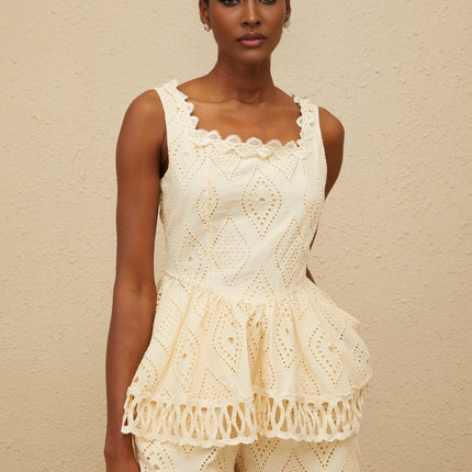 Wendy Neutrals Embroidered Top Shorts Set Terylene Fiber Square Neck Lace Trim Peplum Waist Wide Leg Fit Scallop Hem Elasticated Waistband Size M