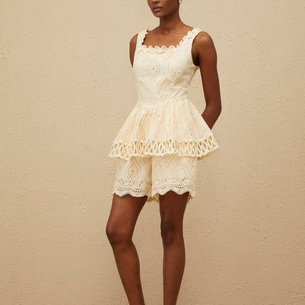 Wendy Neutrals Embroidered Top and Shorts Set Terylene Fiber Square Neck Lace Trim Peplum Waist Wide Leg Fit Scallop Hem Elasticated Waistband Size M