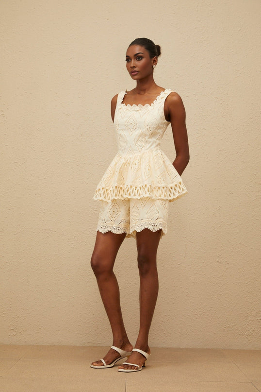 Wendy Neutrals Embroidered Top and Shorts Set Terylene Fiber Square Neck Lace Trim Peplum Waist Wide Leg Fit Scallop Hem Elasticated Waistband Size M