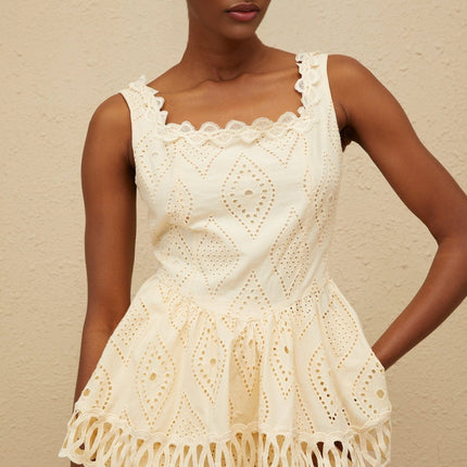 Wendy Neutrals Embroidered Top Shorts Set Terylene Square Neck Lace Trim Peplum Waist Wide Leg Fit Scallop Hem Elasticated Waistband Size M