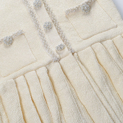 White A-line Button-Down Dress with Embellished Buttons and Pockets