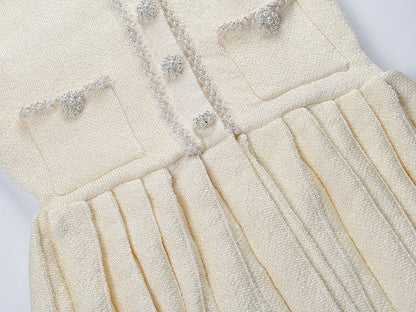 White A-line Button-Down Dress with Embellished Buttons and Pockets