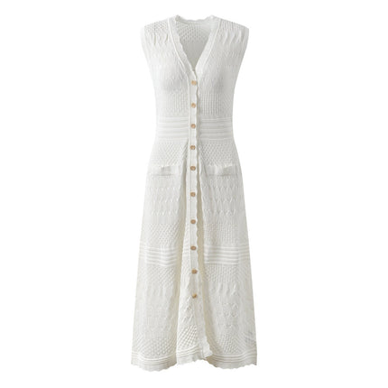 White A-Line Button Front Dress with Textured Knit Pattern Details
