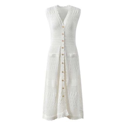 White A-Line Button Front Knit Dress with Pockets and Scalloped Neckline
