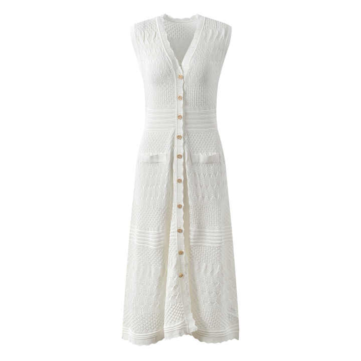 White A-Line Button Front Knit Dress with Pockets and Scalloped Neckline