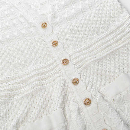 White A-Line Button Front Textured Knit Dress