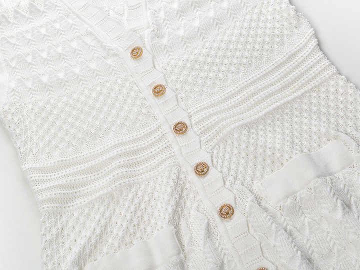 White A-Line Button Front Textured Knit Dress