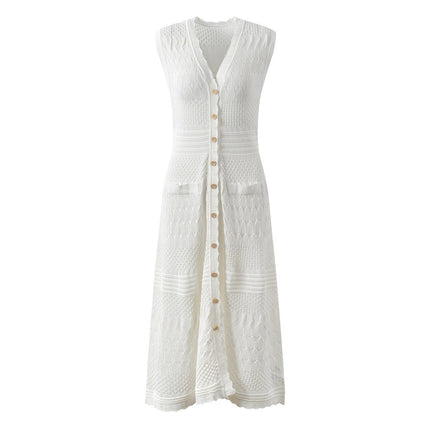 White A-line knit button front dress with pockets and scalloped neckline