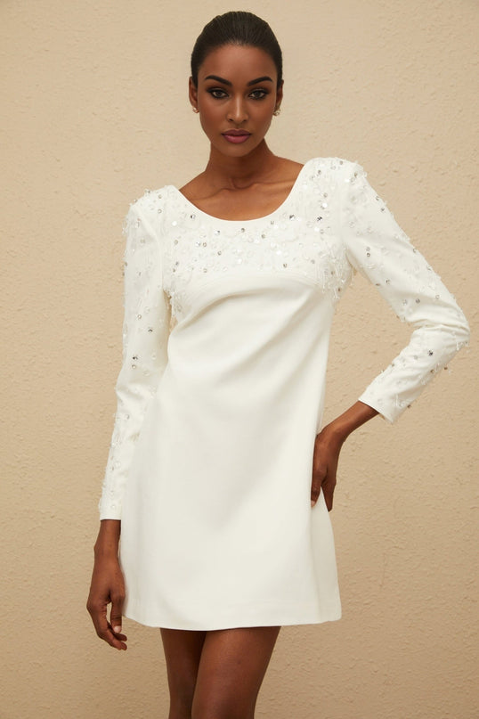 White A-line Mini Dress with Sequin and Crystal Embellishments