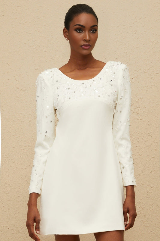 White A-line Mini Dress with Sequin and Crystal Embellishments