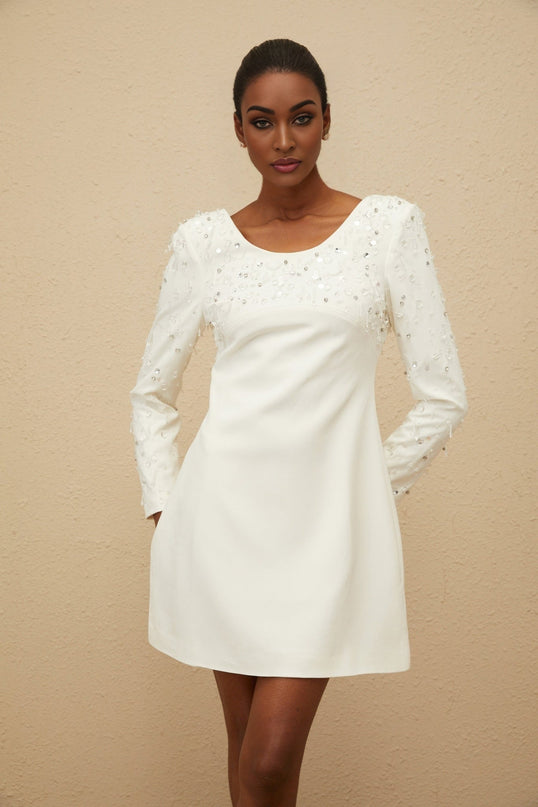 White A-Line Mini Dress with Sequin and Crystal Embellishment