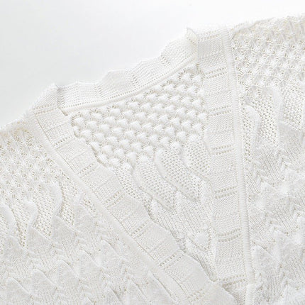 White A-line silhouette button front textured knit pattern details relaxed fit flattering shape elegant casual dressy looks spring summer lightweight breathable fabric pockets scalloped neckline brunch beach outings timeless chic beach cover-up
