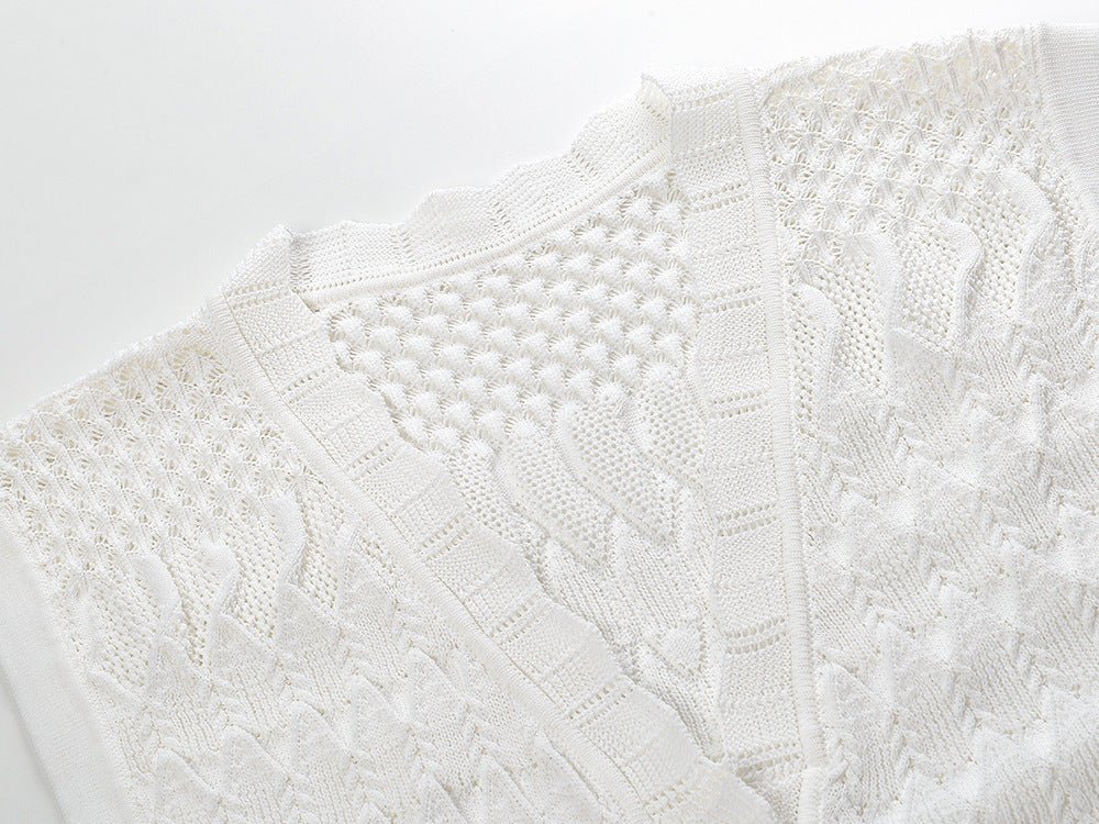 White A-line silhouette button front textured knit pattern details relaxed fit flattering shape elegant casual dressy looks spring summer lightweight breathable fabric pockets scalloped neckline brunch beach outings timeless chic beach cover-up