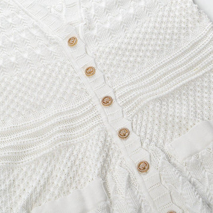 White A-line silhouette button front textured knit pattern details relaxed fit flattering shape elegant casual dressy spring summer lightweight breathable fabric pockets scalloped neckline brunch beach outings timeless chic beach cover-up