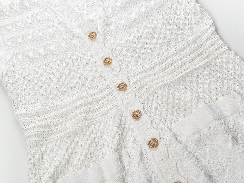 White A-line silhouette button front textured knit pattern details relaxed fit flattering shape elegant casual dressy spring summer lightweight breathable fabric pockets scalloped neckline brunch beach outings timeless chic beach cover-up