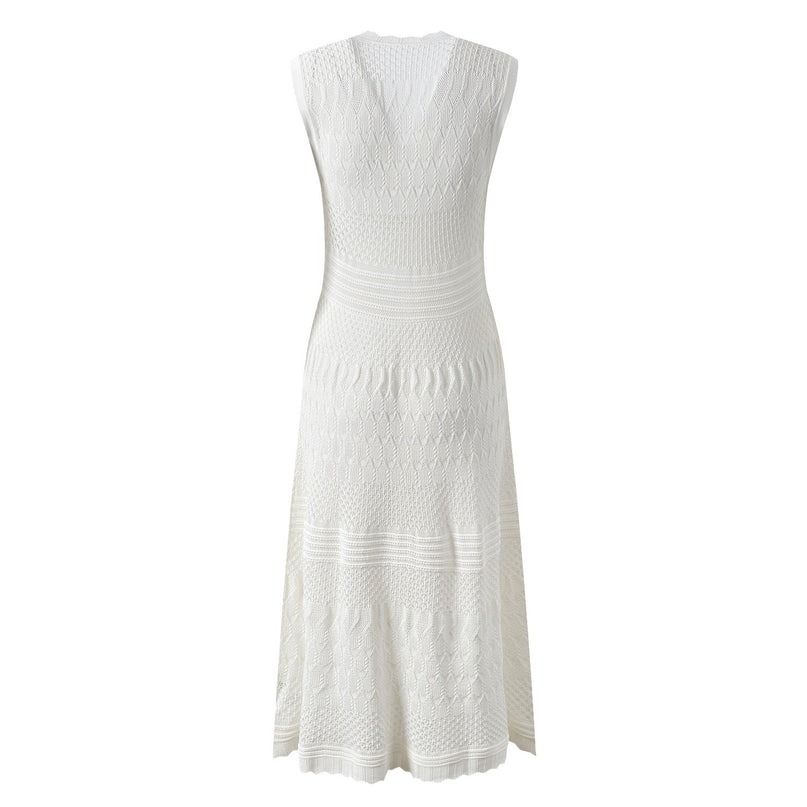 White A-line silhouette with button front textured knit pattern details