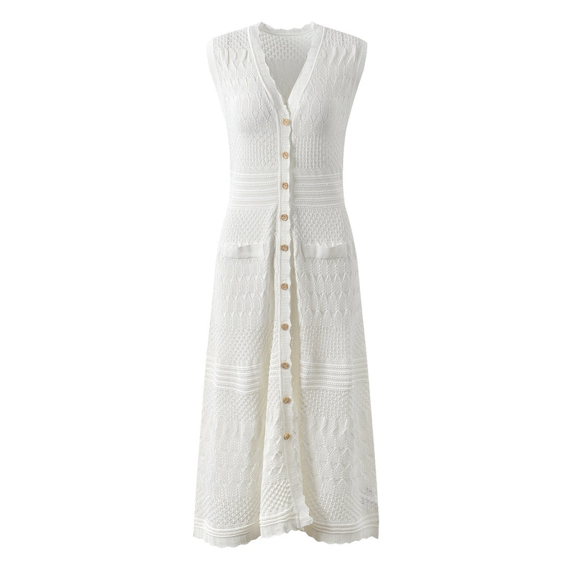 White A-line silhouette with button front and textured knit pattern details