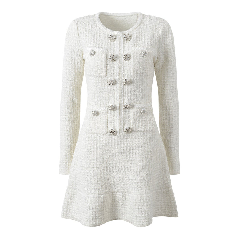 White A-line silhouette dress with textured fabric and button detailing