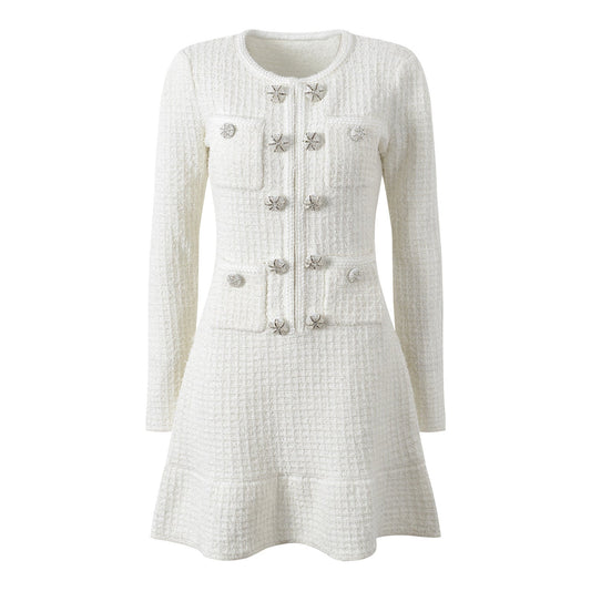 White A-line silhouette dress with textured fabric and button detailing