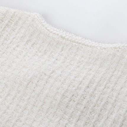 White A-line silhouette dress with button detailing and textured fabric, perfect for spring or autumn