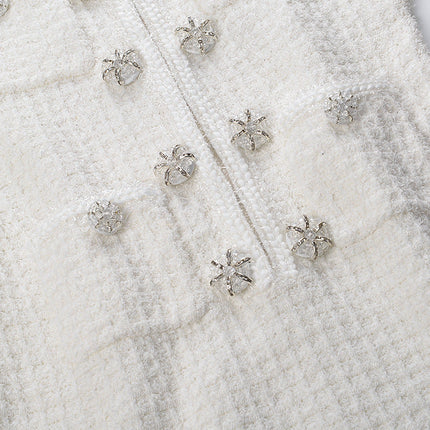 White A-Line Textured Dress with Button Detailing