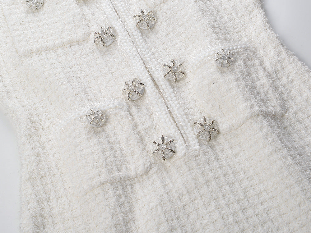 White A-Line Textured Dress with Button Detailing