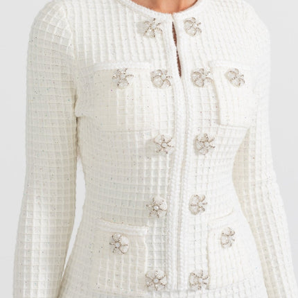 White A-Line Textured Fabric Dress with Button Detailing