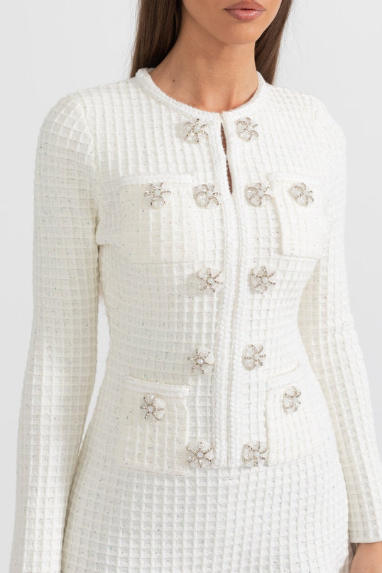 White A-Line Textured Fabric Dress with Button Detailing