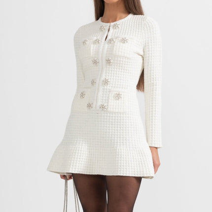White A-line Textured Fabric Dress with Button Detailing