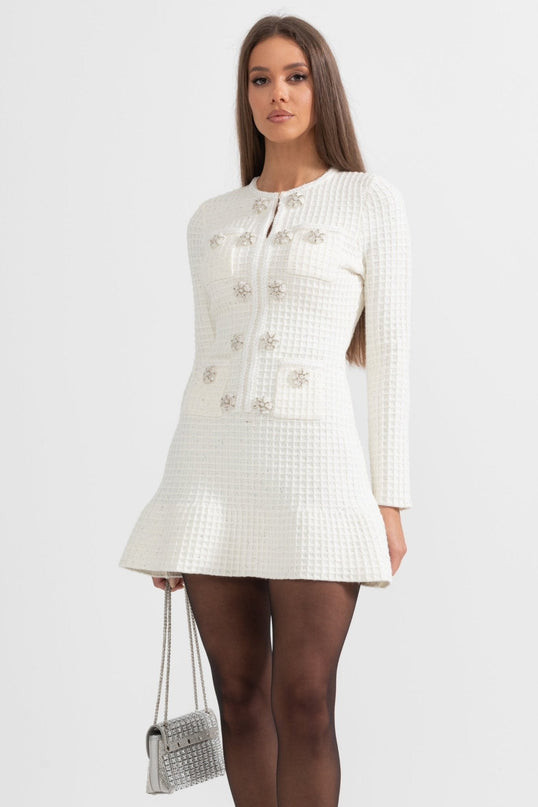 White A-line Textured Fabric Dress with Button Detailing