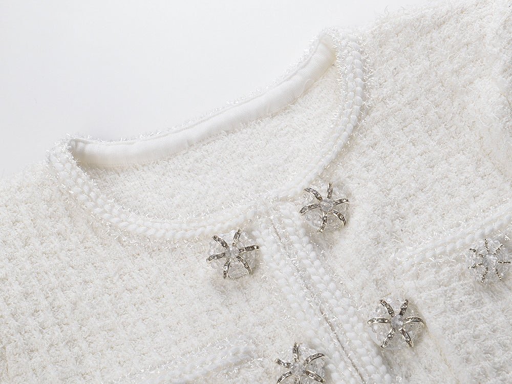 White A-line Textured Fabric Dress with Button Detailing