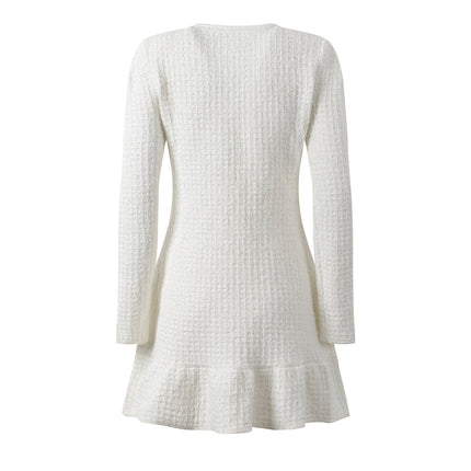 White A-Line Textured Fabric Dress with Button Detailing