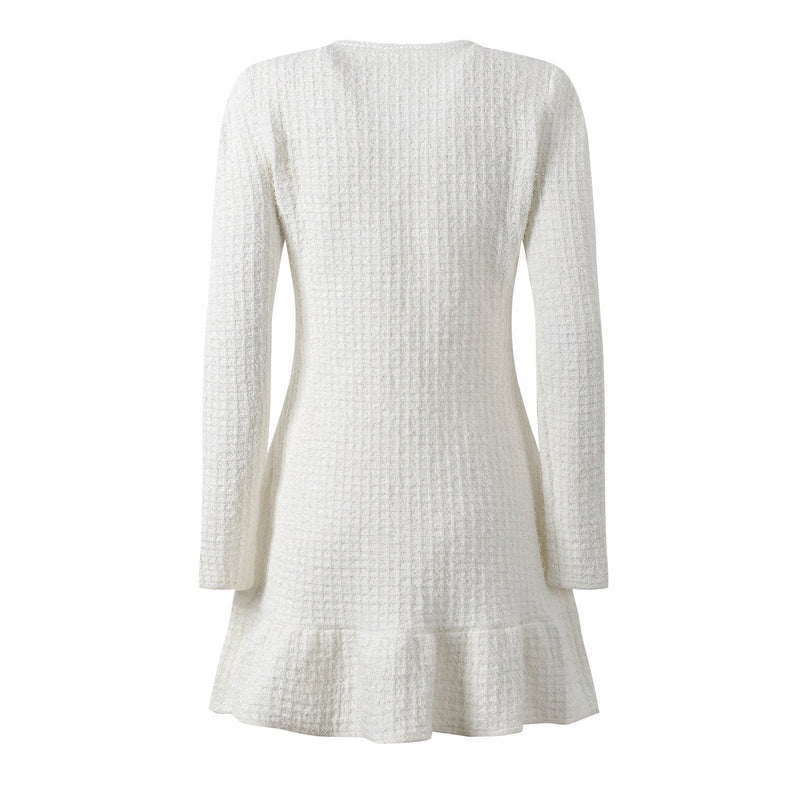 White A-Line Textured Fabric Dress with Button Detailing
