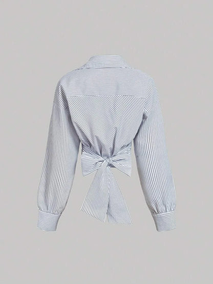 White and Khaki Crop Top for women Striped Asymmetric Wrapped Long Sleeve Shirt With CrissCross Design amp Bow Tie