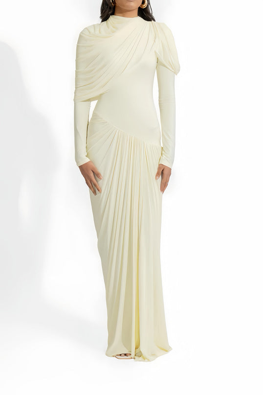 White asymmetrical draped pleated maxi dress with crew neck and long sleeves