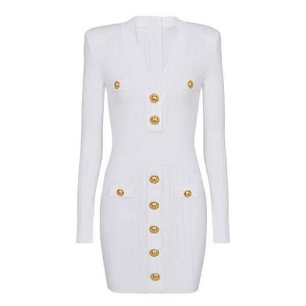 Tailored white bandage mini dress with structured shoulders and gold-tone buttons