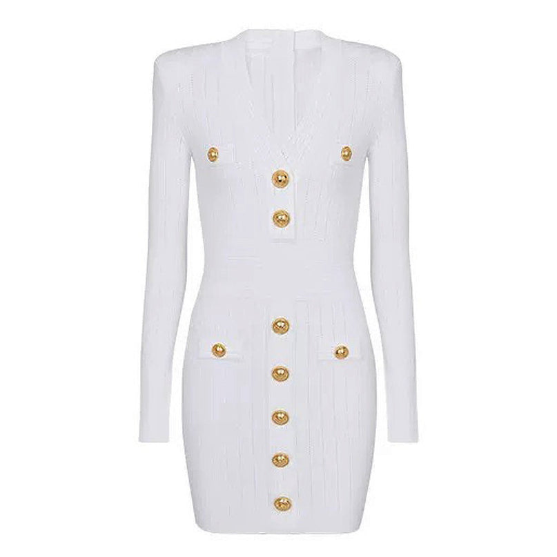 Tailored white bandage mini dress with structured shoulders and gold-tone buttons