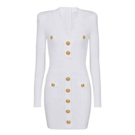 Tailored white bandage mini dress with structured shoulders and gold-tone buttons
