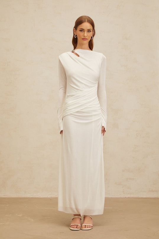 White Bateau Neck Long Sleeve Maxi Dress with Flared Cuffs and Ruched Detailing