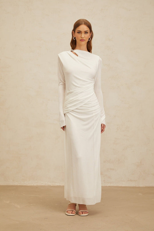 White Bateau Neck Long Sleeve Maxi Dress with Flared Cuffs and Ruched Detailing