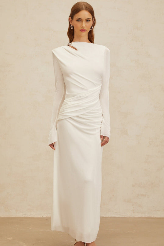 White Bateau Neck Long Sleeve Maxi Dress with Flared Cuffs and Ruched Detailing