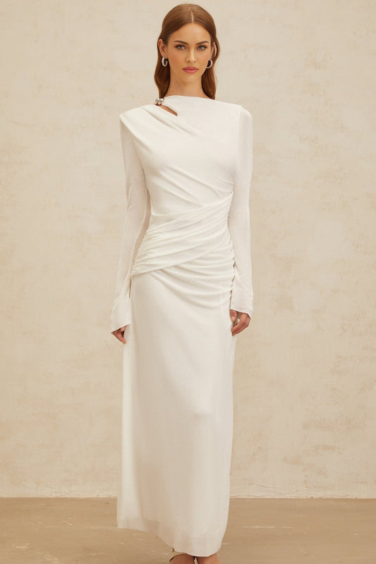 White Bateau Neck Long Sleeve Maxi Dress with Flared Cuffs and Ruched Detailing