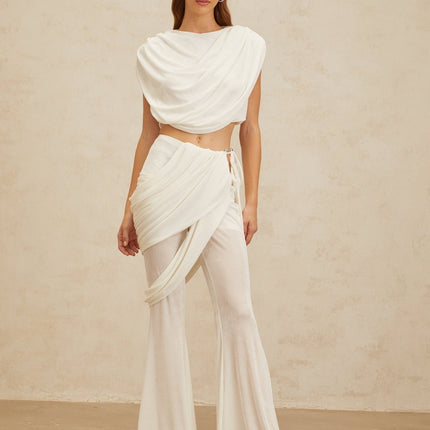White Bateau Neck Sleeveless Cropped Top and High Rise Asymmetrical Flared Hem Trousers Set in Terylene Fiber Composition