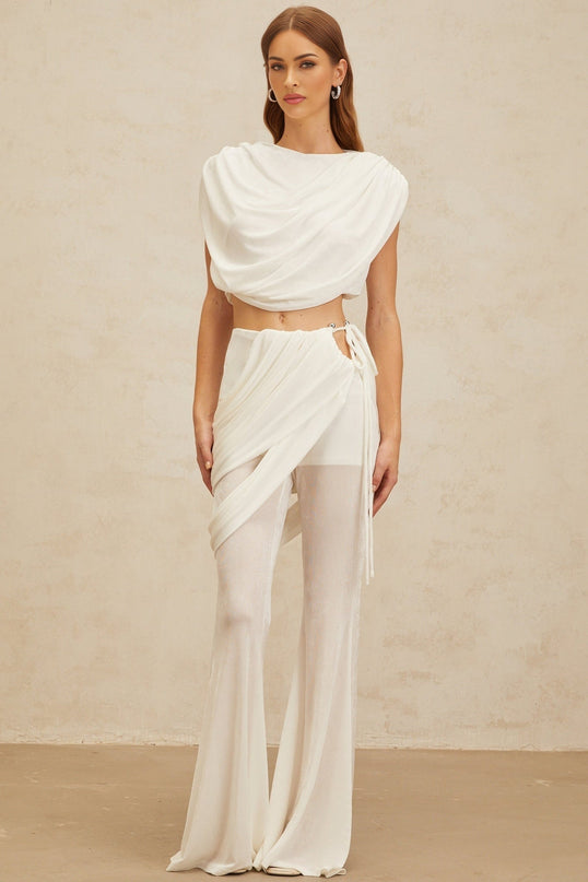 White Bateau Neck Sleeveless Cropped Top and High Rise Flared Hem Trousers in Terylene Fiber