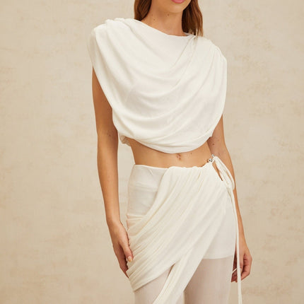 White Bateau Neck Sleeveless Cropped Top and High Rise Ruched Asymmetrical Trousers Set in 100% Terylene Fiber