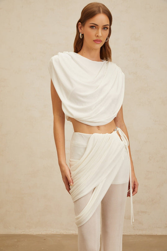 White Bateau Neck Sleeveless Cropped Top and High Rise Ruched Asymmetrical Trousers Set in 100% Terylene Fiber