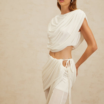 White Bateau Neck Sleeveless Ruched Cropped Top and High Rise Asymmetrical Flared Trousers Set in 100% Terylene Fiber