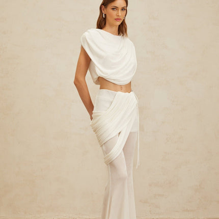 White Bateau Neck Sleeveless Ruched Detailing Cropped Top and Trousers Set
